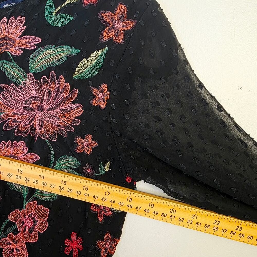 American Eagle Outfitters Blouse Small Black Floral Embroidered Boho Peplum - Picture 11 of 12